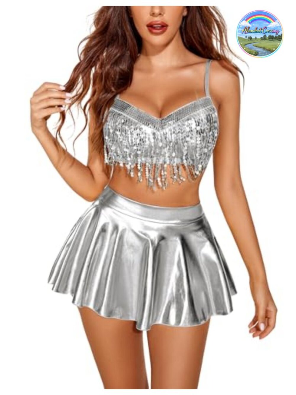 Sequin Fringe Crop Top Metallic Mini Skirt Thong 3PC Rave Costume Set